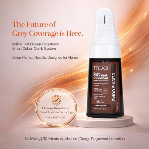 Image of PROADS Click & Comb Dark Brown Hair Color for 100% Grey Coverage, No Bowl No Brush, 30-Min Mess-Free Fast Hair Dye with Reusable Pre-Filled Hair Color Applicator, Dermatologically Tested, Unisex - 400ml + Starter Kit