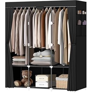 LOKEME Portable Closet, Portable Closets for Hanging Clothes with 3 Hanging Rods and 6 Storage Shelves and 4 Side Pockets, Black Wardrobe Closet Easy to Assemble and Strong and Stable