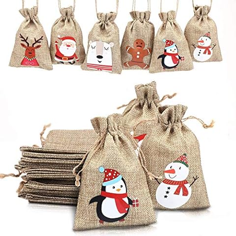 LOKIPA Christmas Jute Burlap Bags, Xmas Jute Linen Burlap Drawstring Gift Treat Candy Bag for Xmas Favors (24)… Cover