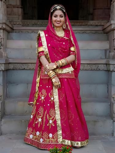 Image of Fancy Heavy Embroidery Work Shimmer Silk Semi-stitched Rajasthani Poshak Rajputi Lehenga Choli For Women