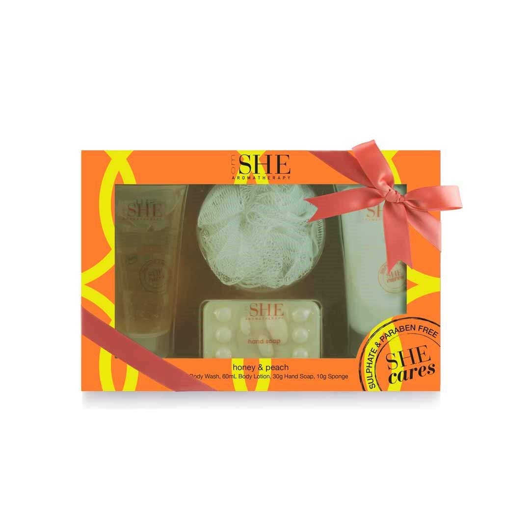 OM She Aromatherapy Pamper Pack Honey & Peach Includes Body Wash, Body Lotion, Soap and Sponge - Vegan Friendly Paraben Free Sulfate Free Cruelty Free Made in Australia