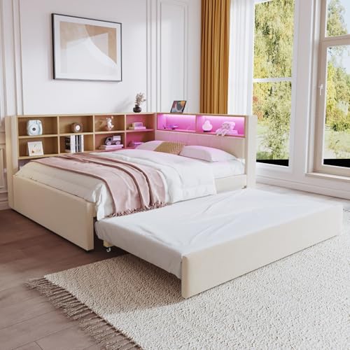 KOMHTOM Modernidad Sofá cama acolchado con cama nido Cama LED con compartimentos de almacenamiento, puerto de carga y cabecera, franela(sin colchón) (beige, 140 x 200 cm)