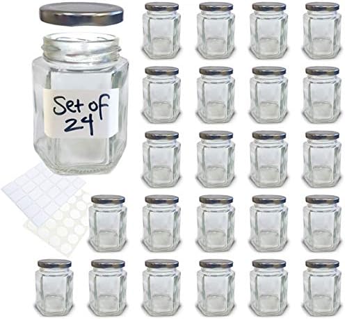 4 oz Hexagon Mini Glass Jars with Silver Lids and Labels (Pack of 24)