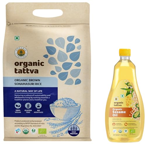 Image of Organic Tattva, Organic Sonamasuri Brown Gluten Free and Unpolished Rice, 5 Kg & Organic Tattva, Organic Sesame Unrefined Cooking Oil, 1 Litre