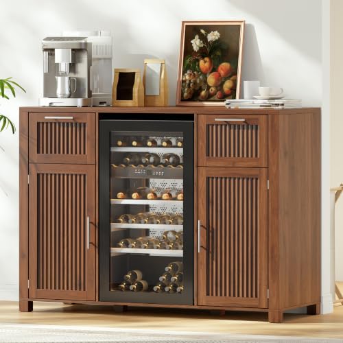 Image of 53 inch Long Fluted Mini Fridge Cabinet with Power Outlet & 2 Drawers, Walnut | Coffee Bar Cabinet with Fridge Space, Modern Wine, Snack Bar, Buffet Cabinet with Door Storage for Living Room, Kitchen, Home