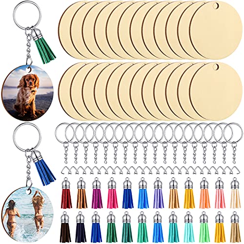 96 Pieces Sublimation Keychain Blanks Set, Includes 24 Pieces Heat Transfer Keychain Blank 24 Pieces Keychain Tassels 24 Pieces Keychain Rings 24 Pieces Jump Rings for DIY Crafts (Round Blank)