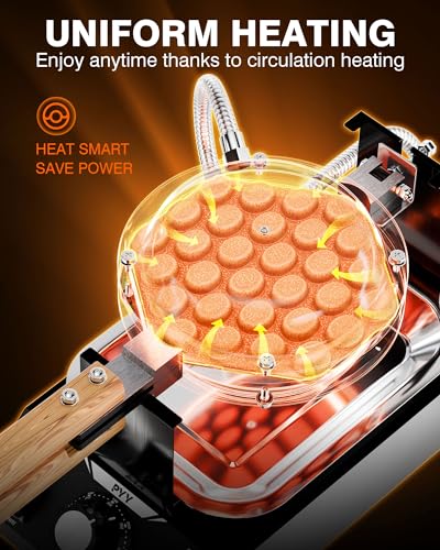 Image of PYY Bubble Waffle Maker - 1500W Commercial Egg Puff Waffle Iron, 122-482℉ Electric Stainless Steel, 180 Rotating, Non-Stick Coating, Wooden Handle & Crumb Tray, Hong Kong Round Cones