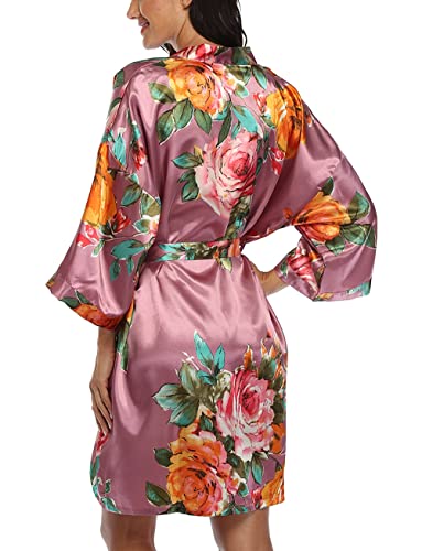Image of VOGMATE Floral Silk Robes for Women Short Satin Kimono Bride Bridesmaid Robes Bathrobe