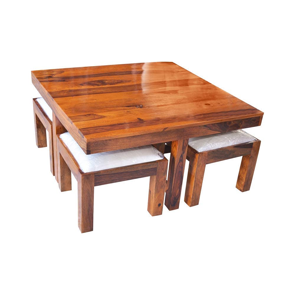 AASALIYA Art Solid Sheesham Wood Coffee Table with 4 Stool | Square Centre Table with Stool | Center Table with 4 Stools for Living Room | Patio Table with 4 Puffy for Home | Rosewood, Natural Teak (B099T752FG) Amazon Price History, Amazon Price Tracker