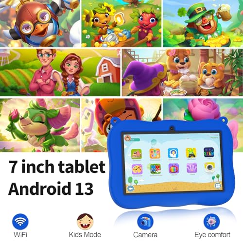 Image of VASOUN 7 inch Kids Tablet with Lanyard, Android 13 with 32GB Toddler Tablet,WiFi, Dual Camera,Time Limits, Age Filters,Parental Controls,Kids Software Pre-Installed with Silicone Case (Blue)