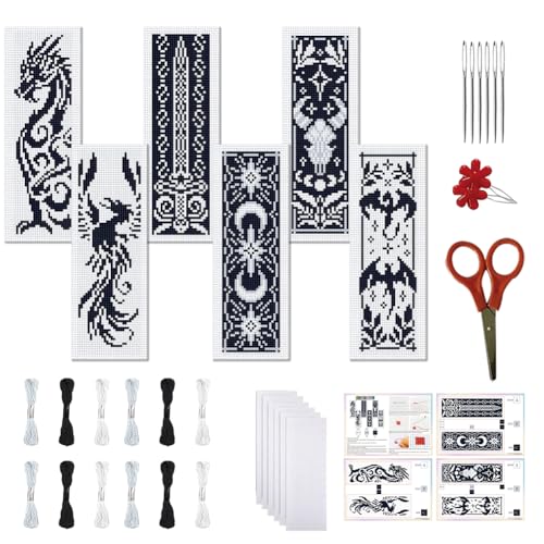Image of FREEBLOSS 6 Set 11CT Cross Stitch Bookmarks Kit Dragon Elements Stamped Cross Stitch Kit DIY Embroidery Bookmark Set with Instruction for Adults Beginners 20x6cm /8x2.4inch