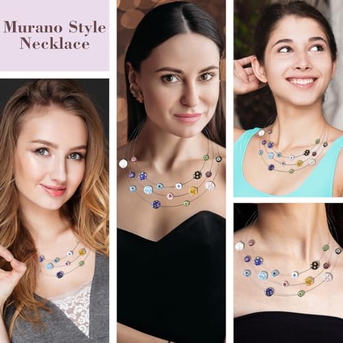 SHOP LC DELIVERING JOY Murano Style Millefiori Glass Layered Necklace - Beaded Necklaces for Women Trendy - Colorful Flower Jewelry Stainless Steel 18" Birthday Gifts for Women2