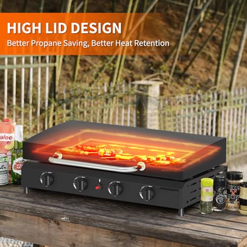 SKOK 4 Burner Gas Griddle with Hood- 30 Inch Outdoor Propane Griddle-60000 BTU Propane Fuelled, Portable Flat Top Gas Grill Camping Griddle with Lid for Kitchen, Outdoor BBQ, Camping