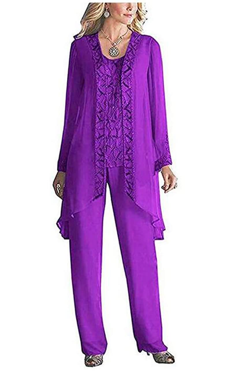 Women's 3 Pieces Chiffon Dress Mother of The Bride Pants Suits with Beaded Jacket Wedding Outfit Evening Gown Purple UK22