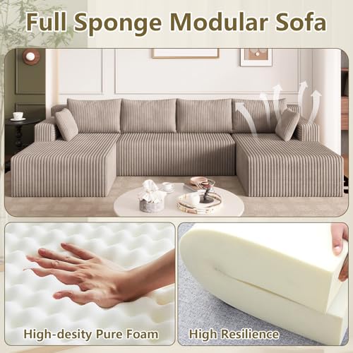 Image of 124 inch Modular Sectional Sleeper Sofa, Boneless Cloud Couch for Living Room, U Shaped 3 Seat Sofa with Deep Seat, Free Combination, Couch in a Box, No Assembly Required (Camel)