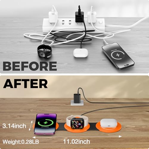 Image of Hicober 3 in 1 Wireless Charging Station for Apple Watch and iPhone Air 17 16 15 14 13 12 Pro Max /Plus, Magnetic Foldable Wireless Travel Charger Station Stand for Airpods iWatch All Series Orange