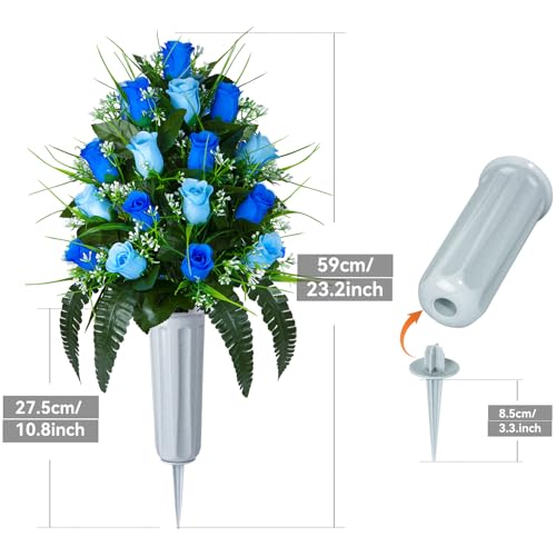 2 Sets Artificial Cemetery Flowers, Grave Decorations Roses, Memorial Flowers Bouquet with Vase for Grave Cemetery Decoration (Dark Blue&Light Blue) image 6