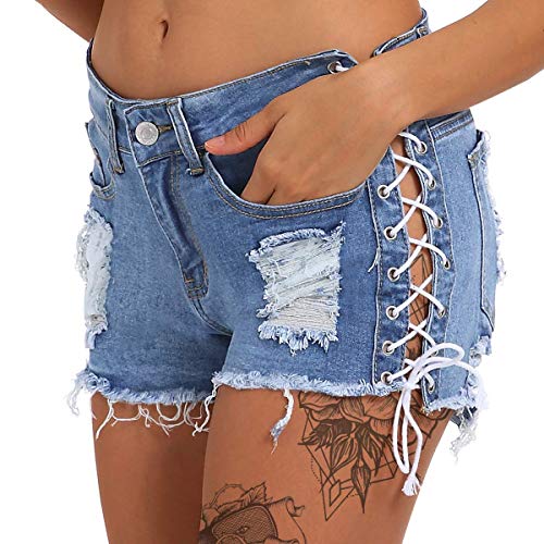 Women's Ripped Hole Denim Shorts Side Straps Sexy Mini Hot Pants(Blue XXL)