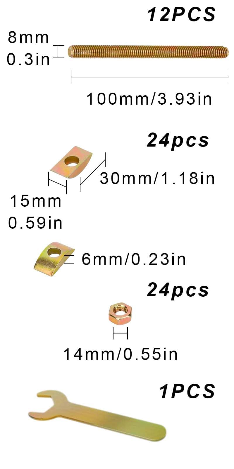 12 juegos,Conector de Muebles M8 x 100 mm,Con 1 llave inglesa,Encimera Conector,Conectores de media luna,Conectores de Encimera,Se utiliza para conectar estanterías de cocina,marcos de cama y muebles
