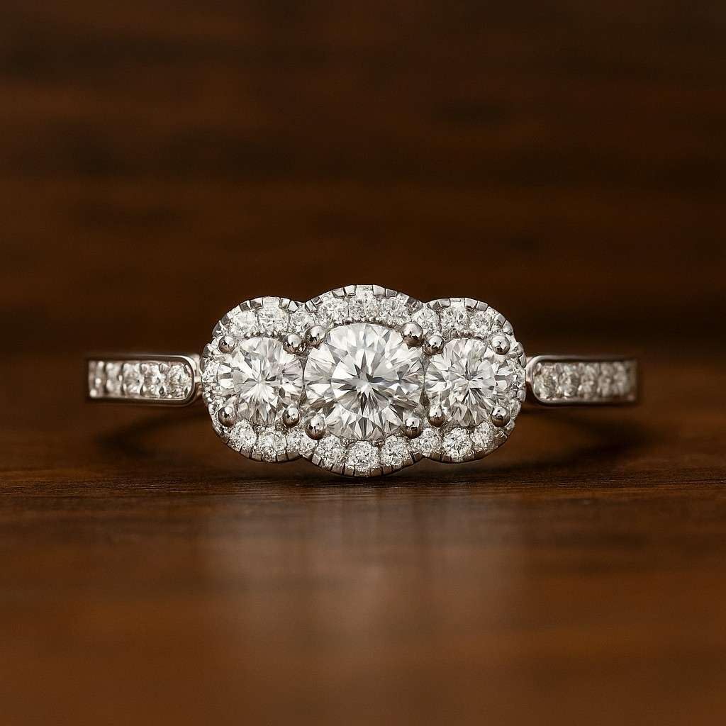 Diamond Halo Ring for Women in 14K Gold or 925 Sterling Silver – Three Stone Lab Grown Diamond Accents – Vintage Style April Birthstone Jewelry Gift