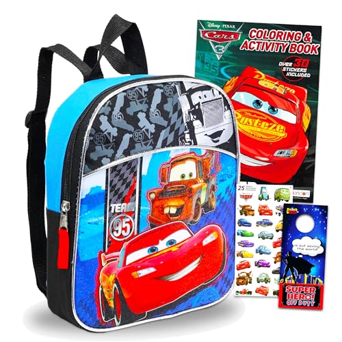 Disney Cars Backpack for Toddlers ~ Deluxe 11' Mini Cars Preschool Backpack for Kids Bundle with Cars Stickers, Coloring Book, and Beach Kids Door Hanger