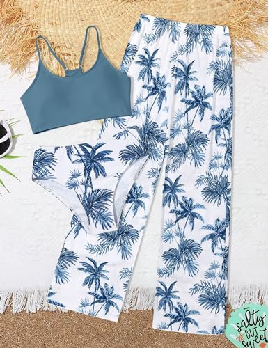 NECIOUS Girls Swimsuit, 3 Piece Bikini Bathing Suit Tropical Floral Swimwear with Cover Up Pants 7-16Y4