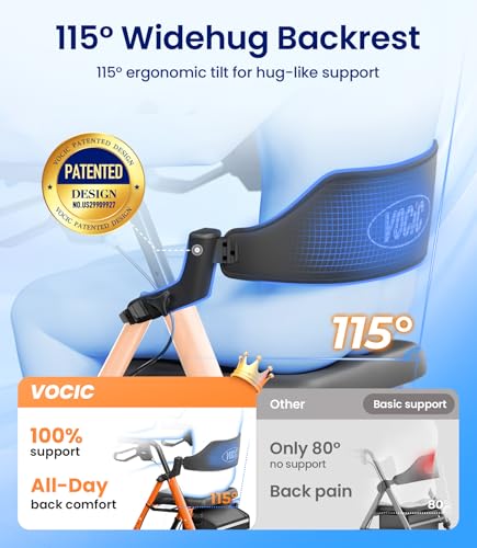 Image of VOCIC Z21 Rollator Walker for Seniors with Seat, 8 inch All Terrain, 350 LBS | Lightweight Foldable & Dual Height Adjustable for Seniors, Ergonomic Arc Seat&6 inch Ultra Backrest Provide Comfort, Orange