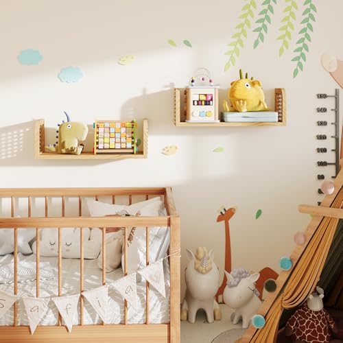 2er Set Rattanregal – Boho Wandregal & Boho Deko, Natürliches Hängeregal für Kinderzimmer, Wohnzimmer & Schlafzimmer, Aufbewahrung für Bücher & Spielzeuge in Natürlicher Holzfarbe – Bild 2