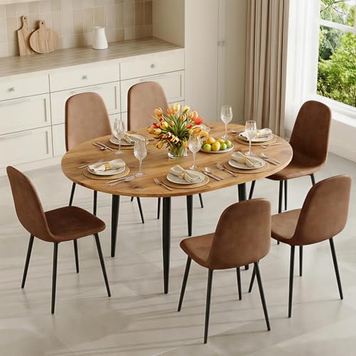 Image of FURNITO Round Dining Table Set for 6, 42 inch-54 inch Round to Oval Extendable Table with 6 Suede Upholstered Chairs, Space-Saving Wood Dining Room Table Set for Small Apartments or Kitchens, Easy Assembly