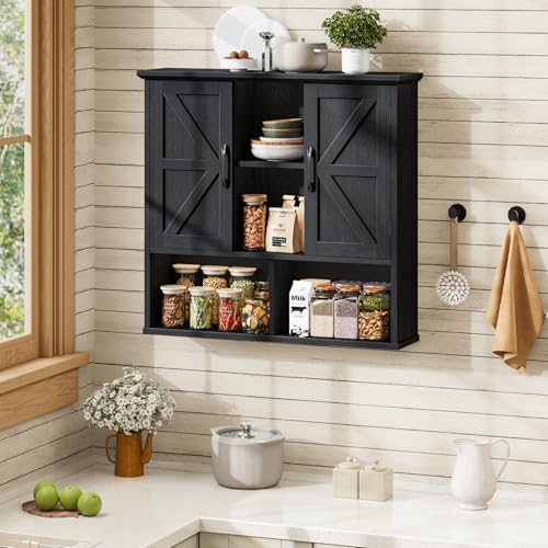 Image of Vabches Bathroom Wall Cabinet, Farmhouse Medicine Cabinet with Double Barn Door and Adjustable Shelves, Wooden Vintage Storage Cabinet Wall Mounted for Bathroom, Kitchen Dining, Rustic Black