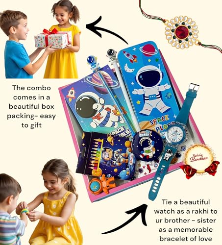 Image of 9 in 1 Space Astronaut rakhi Gift Combo Set For boys Kids cute stylish Gift box Stationery Set Age 6-8 Years 10-12 Year I Diary, Stickers, pen, pencil case, badge, Eraser, watch & colors