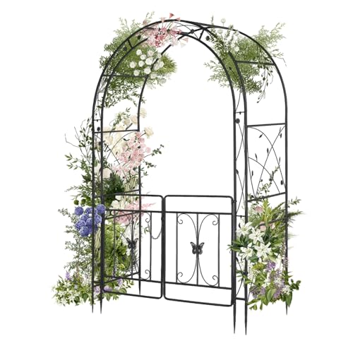 HOBBYZOO – Rosenbogen mit Tür in Schwarz – Gartenbogen aus Metall Stabil 135x58x212 cm – Rankgerüst für Kletterpflanzen (Rosengewächse, Weinreben)
