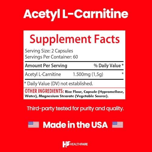Image of Healthfare Acetyl L-Carnitine 1500mg (ALCAR) | 120 High Potency Vegetarian Capsules | Brain, Focus & Memory Support Supplement | Non-GMO, Gluten-Free, Made in USA