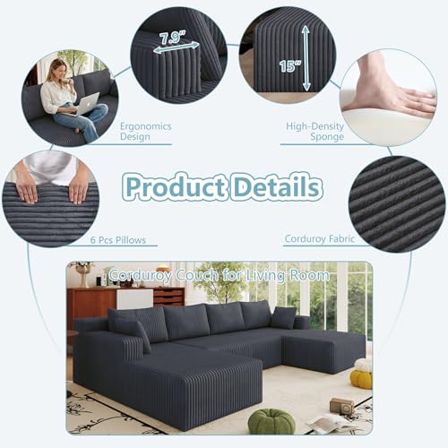 Image of 124 inch Boneless Cloud Couch Sectional Couches Sofa for Living Room | Modular U-Shaped Couch, Comfy Modern Corduroy Memory Foam Sofas with Deep Seat, Ottoman, Oversized Chaise (Dark Grey)