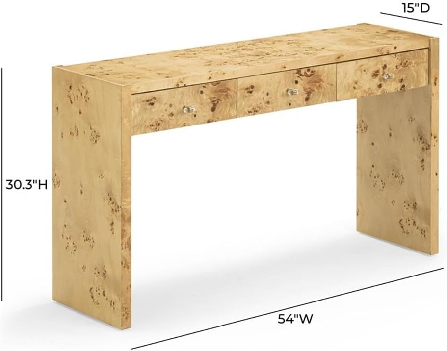 Pemberly Row Contemporary Burl Console Table, Acacia Wood, Natural Finish, Brass-Tipped Legs, Fully Finished Back, 20" W x 20" D x 22.3" H, Handmade Accent Table for Living Room or Entryway
