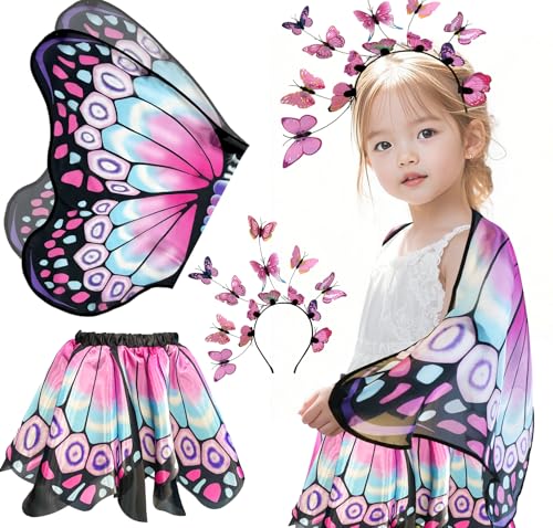 iROLEWIN Toddler Kids-Butterfly-Wings-Costume for Girls Dress-Up Fairy Wings Headband Tutu Pretend Play Toys Birthday Gift 3+