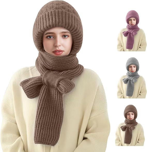 Women’s 2-in-1 Integrated Hat & Scarf, Windproof Winter Woolen Cap with Ear Protection, Cold-Resistant Fleece Lining, Soft & Comfortable for Winter Activities Multicolour (Pack of 1)-picture-23