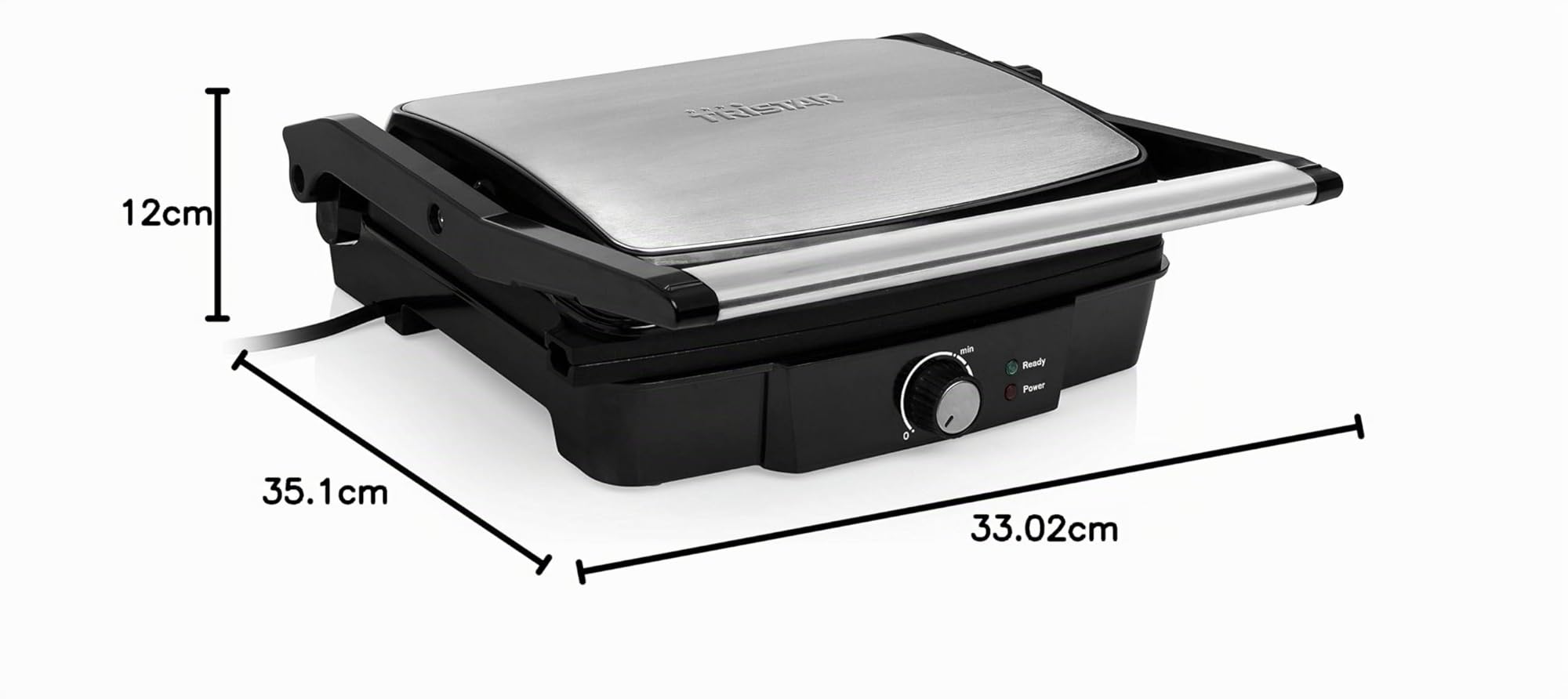 Tristar Kontaktgrill mit 180° Öffnung und einer Bratfläche von 29 x 23,5 cm/auch als Tischgrill Nutzbar, 2000 Watt, GR-2853, Schwarz, L