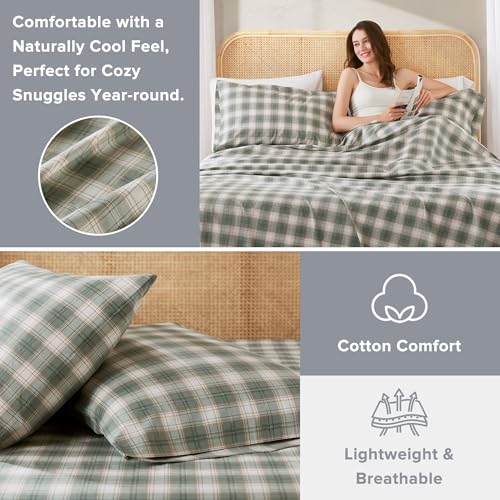 Comfort Spaces 100% Cotton Sheets Cal King, Breathable, Naturally Cool Cotton Sheets, Cotton Bed Sheets with 14" Elastic Pocket Fits up to 16" Mattress, All Seasons Sheet Set, Wesley Green 4 Piece