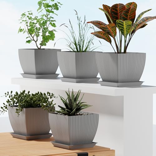 Image of ELUVIA 7-inch Square Planters with Saucers (Set of 5) - Modern Fluted Flower Pots with Drainage Holes and Trays - Premium Plastic Indoor Outdoor Plant Pots for Succulents, Flowers (Grey)