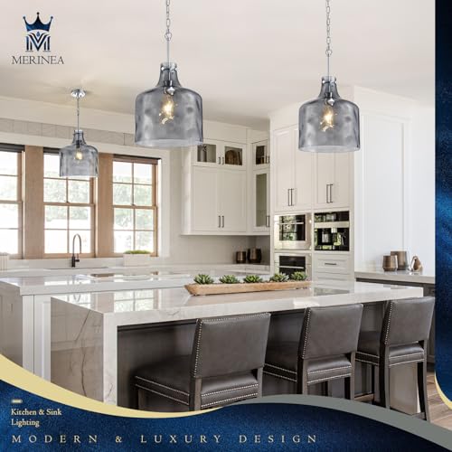 Image of 12 inch Smoked Gray Farmhouse Pendant Light, Hammered Glass, E26 Light