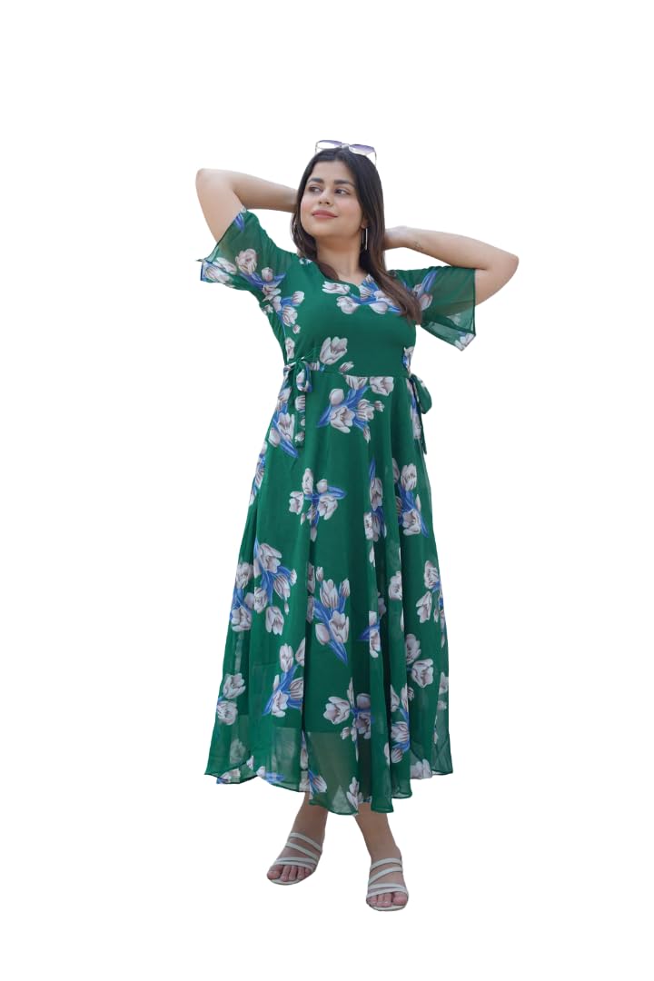 Women's Fit & Flare Green Floral Printed V-Neck Short Sleeve Georgette Maxi Dress || Maxi Dress for Women |T-Green-(Jasud)-image-7