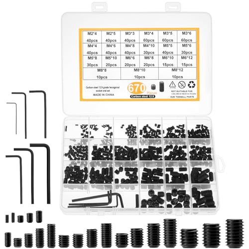 QWORK 676-teiliges DIN 916 Madenschrauben Set M2-M8 Kohlenstoffstahl der Güteklasse 12.9 - Sechskantkopf Schrauben mit Inbusschlüssel