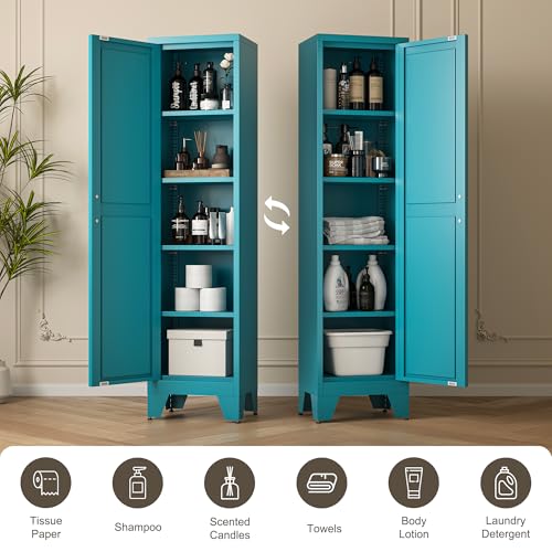 Image of LCAOPC 67 inch Tall Narrow Bathroom Metal Storage Cabinet with 4 Adjustable Shelves, Freestanding 5 Tier Slim Pantry Storage Cabinet for Small Space, Peacock