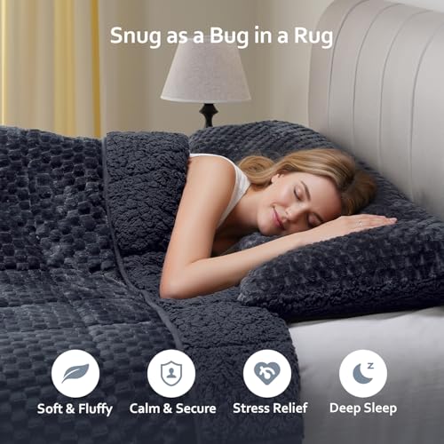 Image of Drewin Weighted Blanket for Adults Queen Size 15lbs, Soft Cozy Turtleback Sherpa Weighted Blankets for Sleeping and Calming, Thick Bed Blanket for Couch Bed, 60 x 80 inches, Dark Grey