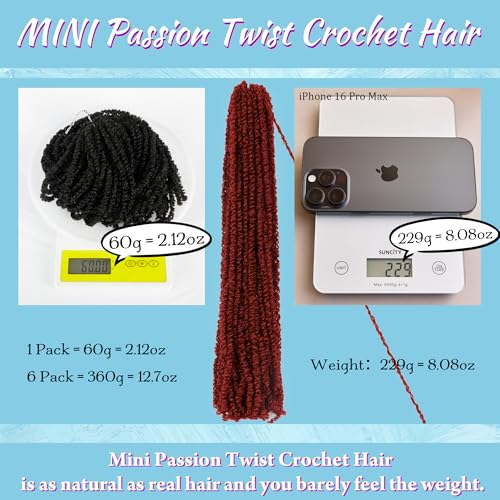 Mini Passion Twist Crochet Hair for Black Women-18 Inches 6 Packs Pure Burgundy Pre Twisted Elastic and Cuttable Hair Extensions,Braided by Soft Synthetic Twist Bohemian Curl(18"-6P,BUG#)