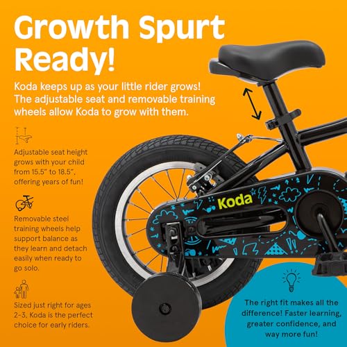 Image of Retrospec Koda Plus Kids Bike for Boys & Girls Ages 2-3 Years - 12 inch Children's Bicycle, Adjustable Seat & Handlebars, Removable Training Wheels, Front Hand Brakes, Rear Coaster Brake & Safety Bell