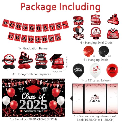 Image of Vlipoeasn Red 2025 Graduation Party Decorations Black Red 2025 College /High School Graduation Decorations Party Supplies, Red Class of 2025 Congrats Grad Backdrop Banner Signature Book