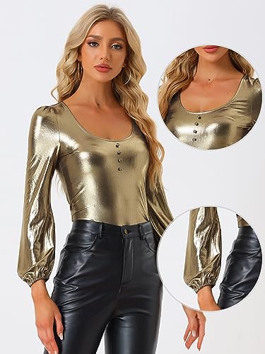 Image of Allegra K Metallic Blouse for Women's Sparkly Party Club Shiny Bishop Sleeve Disco Glitter Tops