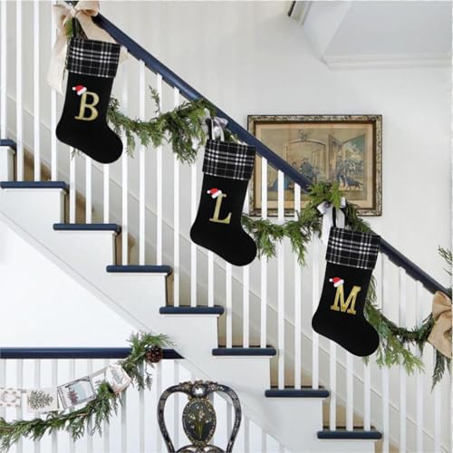 19-inch-Black-Plaid-Christmas-StockingsInitial-Monogram-Personalized-Christmas-StockingHanging-Ornaments-for-Family-Holiday-Xmas-Party-Decorations-J 19 inch Black Plaid Christmas StockingsInitial Monogram Personalized Christmas StockingHanging Ornaments for Family Holiday Xmas Party Decorations J